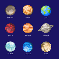 Vector planets set. Solar system vector illustration. Vector banner with planets on dark blue background. Astronomy banner.