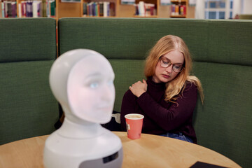 Young woman sitting in library