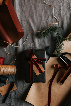High angle view of wrapped present