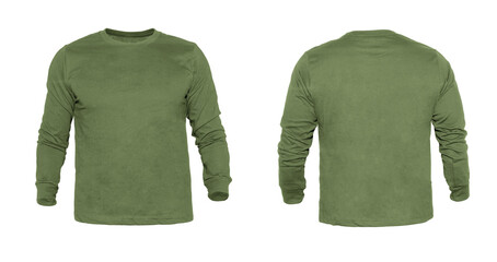 Blank long sleeve T Shirts color military green on invisible mannequin template front and back view...