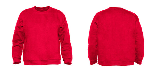 Blank sweatshirt color red on invisible mannequin template front and back view on white background
 - Powered by Adobe