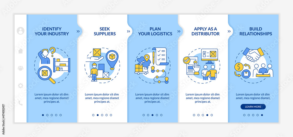 Poster distribution business development tips onboarding vector template. responsive mobile website with ic