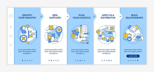 Distribution business development tips onboarding vector template. Responsive mobile website with icons. Web page walkthrough 5 step screens. Wholesale color concept with linear illustrations