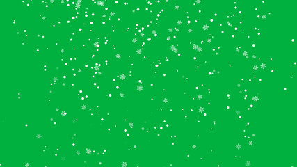 snow flakes fall on green background, new year and Christmas