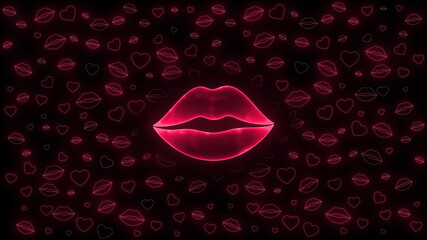neon red lips and hearts on dark background, valentines day and love concept design