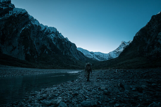Rear view of hunter in mountains