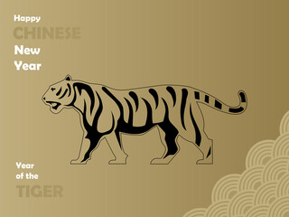 Chinese New Year modern design for web banner, cover with walking tiger on golden background - 474003002