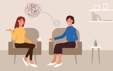 Mental treatment problems psychology concept. Young woman talking with a psychologist. Doctor help pattient. Psychological counseling and therapy. Couch consultation. Vecotor flat illustration.