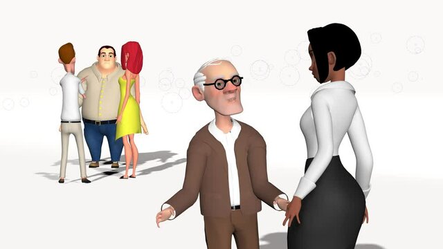 3d animation, many cartoons characters speaking on white background