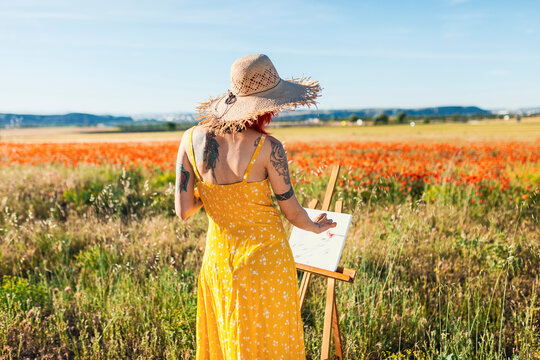 Female artist painting on canvas at poppy field during sunny day