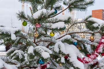 A lot of glass balls are hanging on a Christmas tree covered with snow