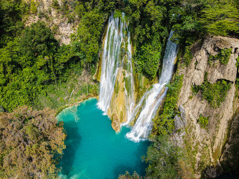 Drone view of Cascadas de Minas Viejas, Huasteca Potosi, Mexico