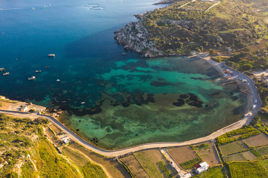 Malta, Northern District, Mellieha, Aerial view of Mistra Bay in summer