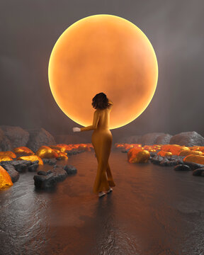 Three dimensional render of woman walking toward large glowing sphere