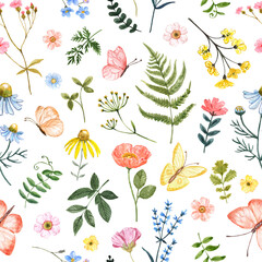 Pretty wildflowers seamless pattern. Pastel summer meadow flowers, herbs, butterflies on white background. Watercolor hand painted print. Botanical illustration.