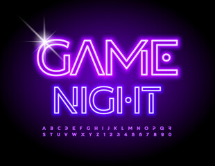 Vector neon poster Game Night. Techno style Font. Glowing futuristic Alphabet Letters and Numbers set