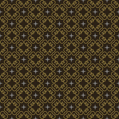 Background pattern with decorative ornaments on a black background in vintage style. Fabric texture swatch, seamless wallpaper. Vector illustration