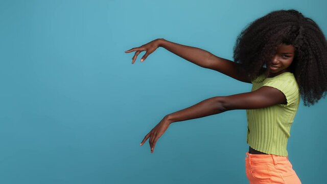 Lady go empty space pretend mystery zombi demon isolated blue color background