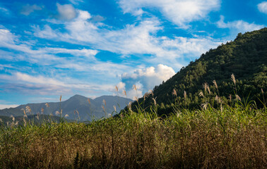 夕暮れの青空と山