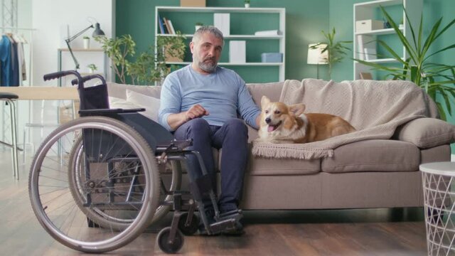 Sad Elderly Man with Disabilities Stroking His Dog While Sitting on the Couch, Feeling Lonely, Depressed. Aging, Drama, Canistherapy, Best Friend, Consolation, Help, Pet. Psychological Health.