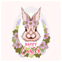 Easter bunny, the muzzle of a pink hare with a wreath on his head against the background of an Easter egg and flowers. Cartoon hare illustration, postcard, congratulation, banner for easter.