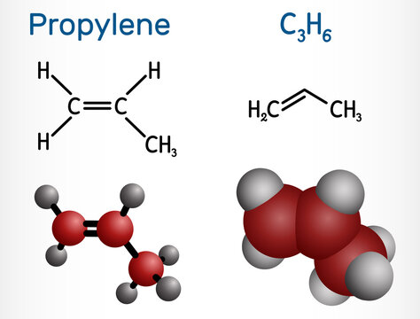 Propene, propylene molecule. It is simplest member of the alkene class of hydrocarbons, unsaturated organic compound with double bond. Structural chemical formula, molecule model.