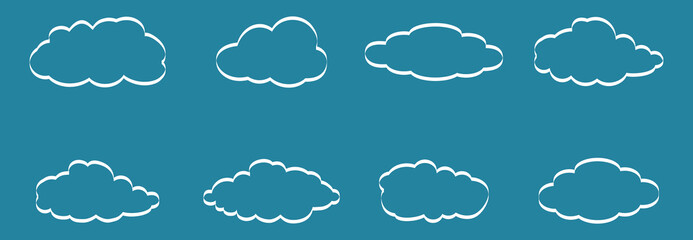 Clouds set isolated on blue background. Collection of clouds for web site, poster, placard and wallpaper. Creative modern concept. Clouds vector illustration
