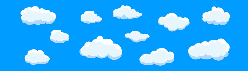 Clouds set isolated on blue background. Collection of clouds for web site, poster, placard and wallpaper. Creative modern concept. Clouds vector illustration