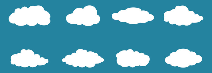 Fototapeta premium Clouds set isolated on blue background. Collection of clouds for web site, poster, placard and wallpaper. Creative modern concept. Clouds vector illustration
