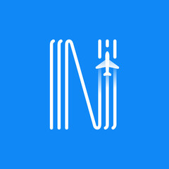 Letter N logo is made of three parallel lines with a plane icon.