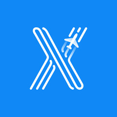 Letter X logo is made of three parallel lines with a plane icon.