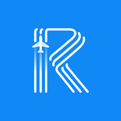 Letter R logo is made of three parallel lines with a plane icon.