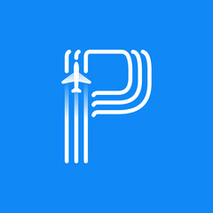 Letter P logo is made of three parallel lines with a plane icon. - obrazy, fototapety, plakaty
