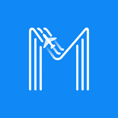 Letter M logo is made of three parallel lines with a plane icon.