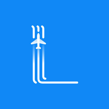 Letter L logo is made of three parallel lines with a plane icon.