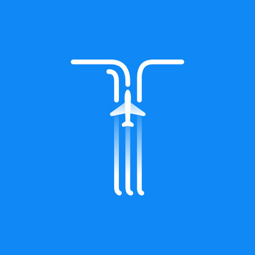 Letter T logo is made of three parallel lines with a plane icon.