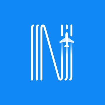 Letter N logo is made of three parallel lines with a plane icon.