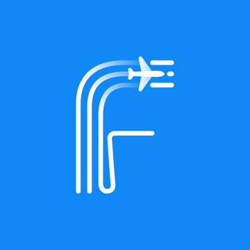 Letter F logo is made of three parallel lines with a plane icon.