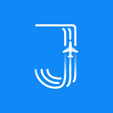 Letter J logo is made of three parallel lines with a plane icon.