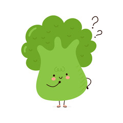 Cute funny broccoli with question marks. Vector hand drawn cartoon kawaii character illustration icon. Isolated on white background. Broccoli think concept