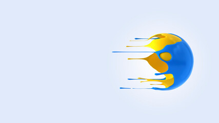Blue and yellow liquid sphere flying past white background