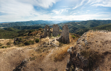 Castle ruins and mountains in Ardeche, France