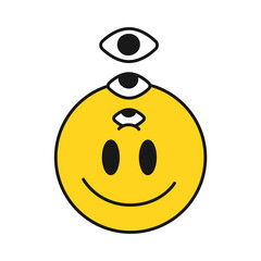 Smile face with open third eye t-shirt print.Vector hand drawn logo cartoon character illustration. Isolated on white background.Third eye opening,meditation mind print for t-shirt,poster,logo concept