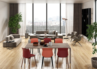 Illustration 3D rendering large luxury modern bright interiors Living room mockup computer digitally generated image