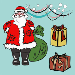 New Year and Christmas cards. Holidays in winter. Snow, gifts, candles, wreaths, fir branches and cones. Santa Claus. Isolated vector objects.