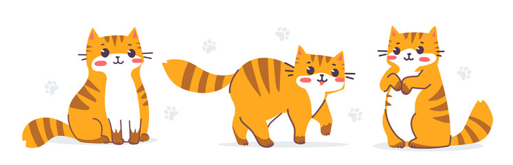 Flat line art style design of striped red cat in different pose. Vector set of illustration of happy cute animal tiger cat character on white color background. Symbol of New Year 2022