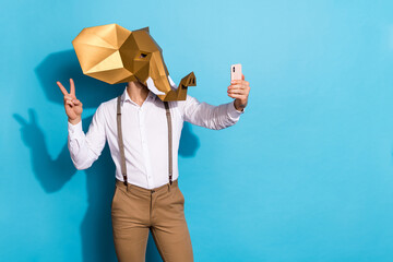 Photo of funky weird man wear elephant tacking selfie modern gadget v-sign empty space isolated...