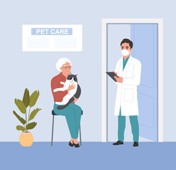 Veterinarian services. Elderly woman holding sick cat at vet office. Flat vector illustration
