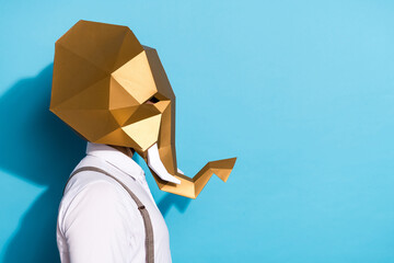 Photo of strange funny man wear gold elephant mask looking empty space isolated blue color background