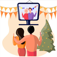 Men and women communicate via video link.Online meeting on Christmas weekend.  Friends or relatives wish each other a Happy New Year and Christmas.Vector illustration.